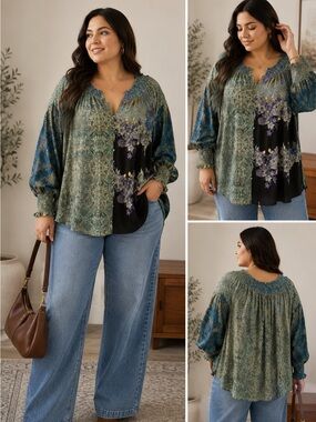 Rose + Olive Patchwork Print Boho Peasant style Blouse Floral Paisley NWT Sz 2XL